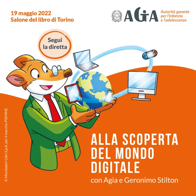 locandina dell'evento del 19 maggio 2022 "Alla scoperta del mondo digitale con Agia e Geronimo Stilton"