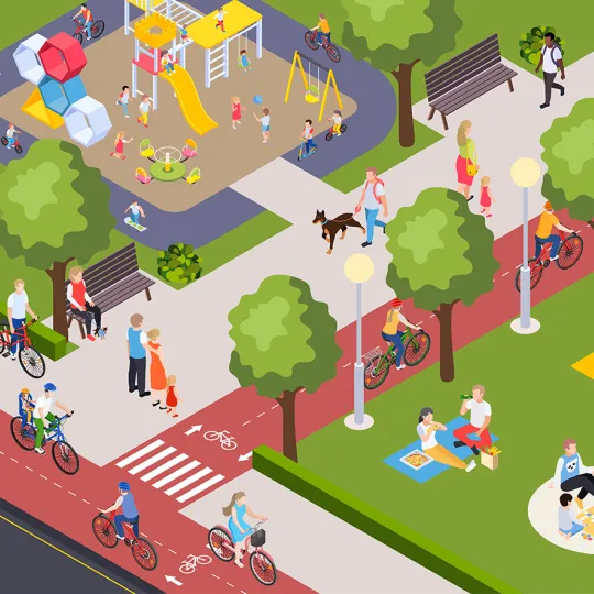 Spazi di città con giardini e strade