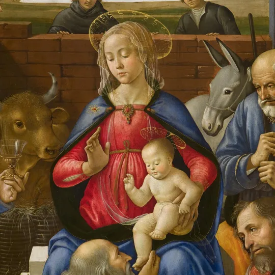 particolare della madonna con Bambino del dipinto rinascimentale di Domenico Ghirlandaio raffigurante l'Adorazione dei Magi