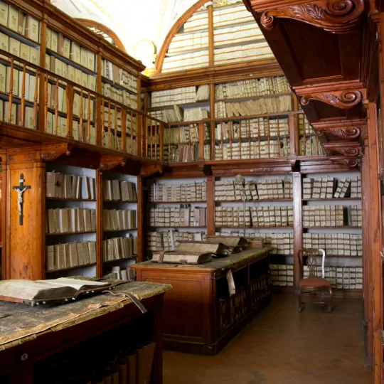 interno dell'archivio con pareti a libreria colme di libri e, a centro sala, ripiani per la consultazione 