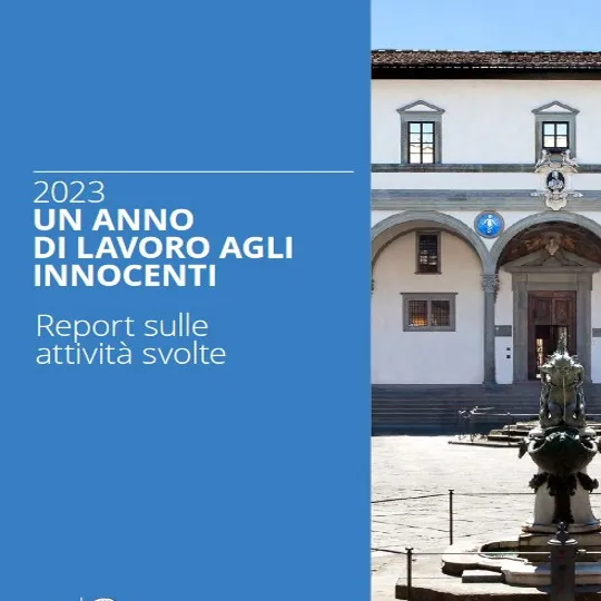 copertina della pubblicazione 2023. Un anno di lavoro agli Innocenti. Report sulle attività svolte