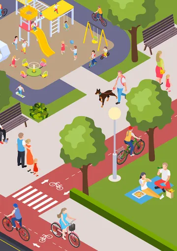 Spazi di città con giardini e strade